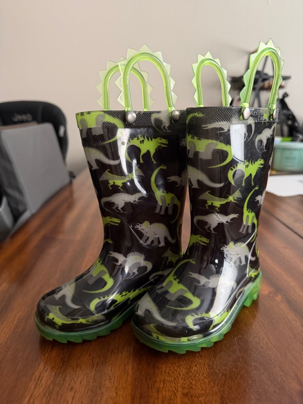 Western Chief Black Rain Boots with Neon Green Dinosaur Print